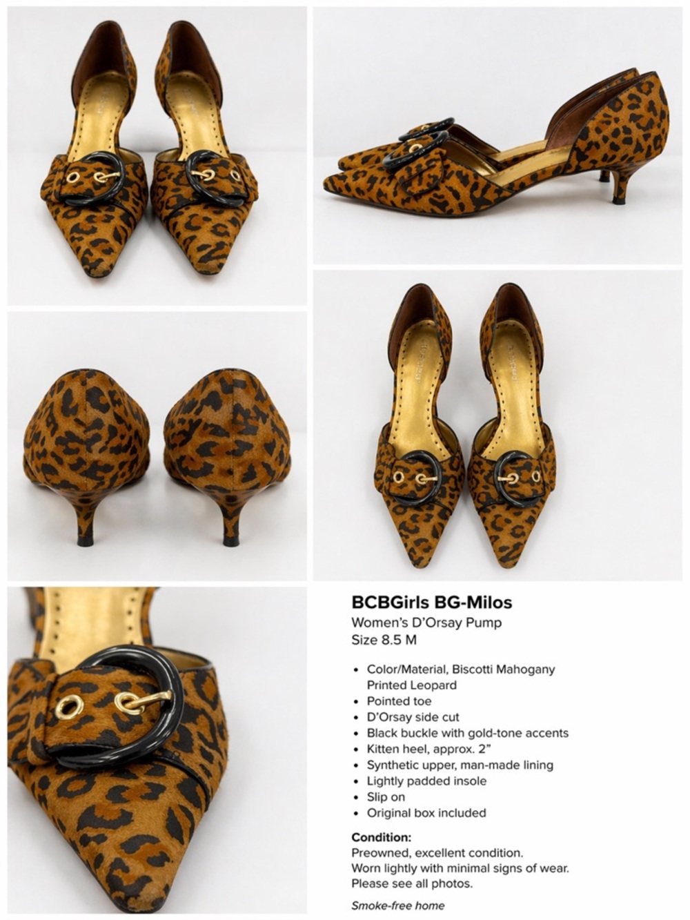 BCBGirls Leopard Print D'Orsay Kitten Heels with Black Buckle